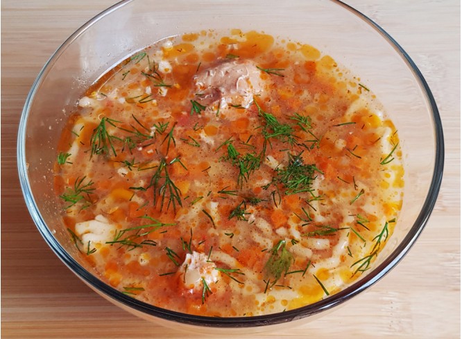 Куриный суп с вермишелью. Масса нетто - 415 гр